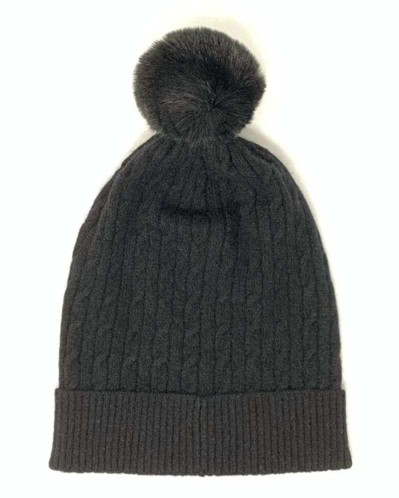 Front of a size one-size-fits-all Cable Faux Fur Hat In Black in Black by Brodie Cashmere. | dia_product_style_image_id:350144